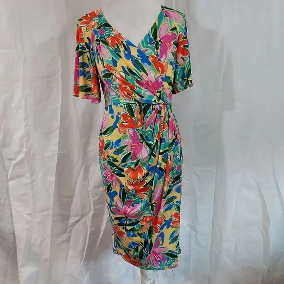 Maggy London Faux Wrap Dress Short Flutter Sleeves Womens Size 8 Colorful Floral - Picture 2 of 14